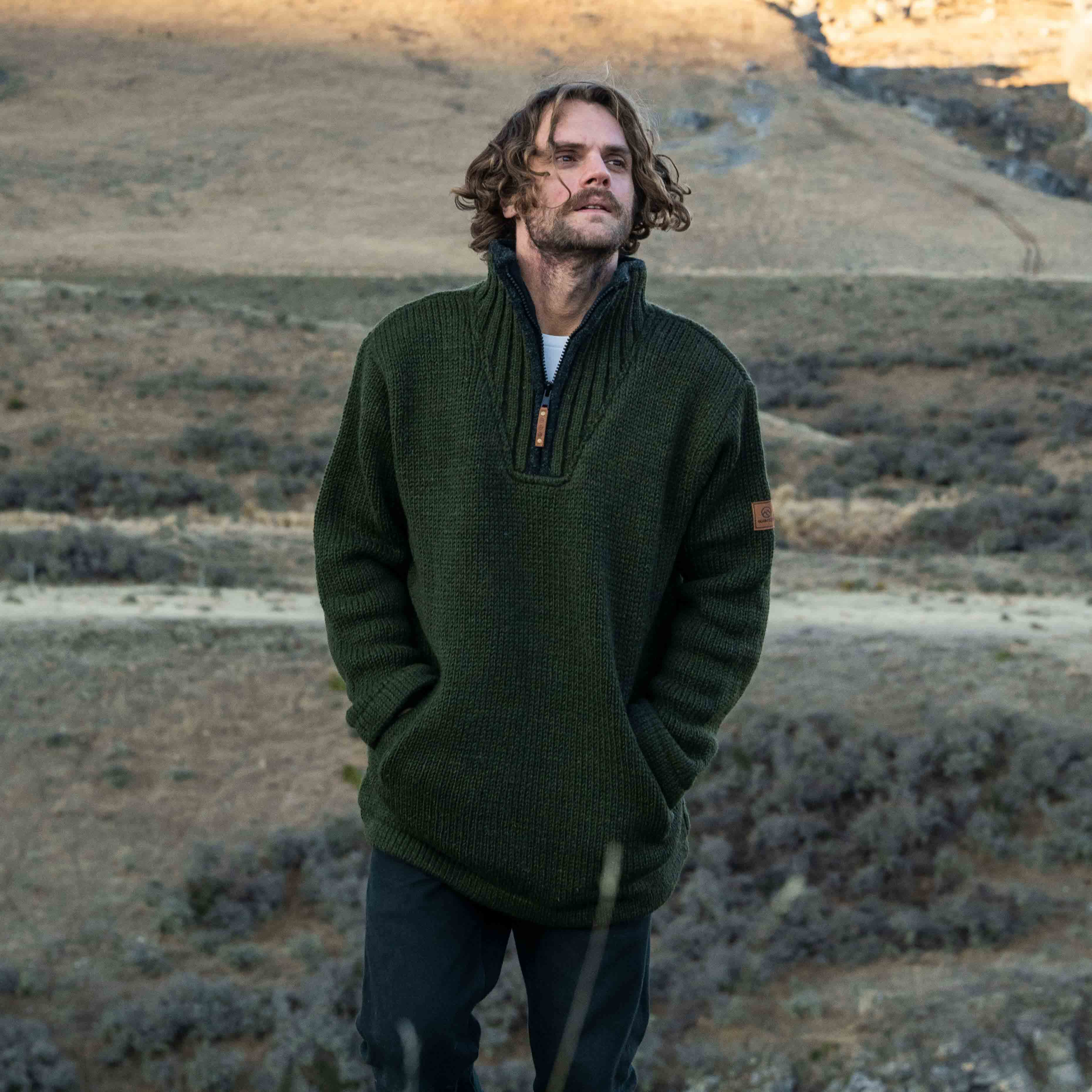 Mens Station Half Zip NZ Wool Jersey - Forest Green