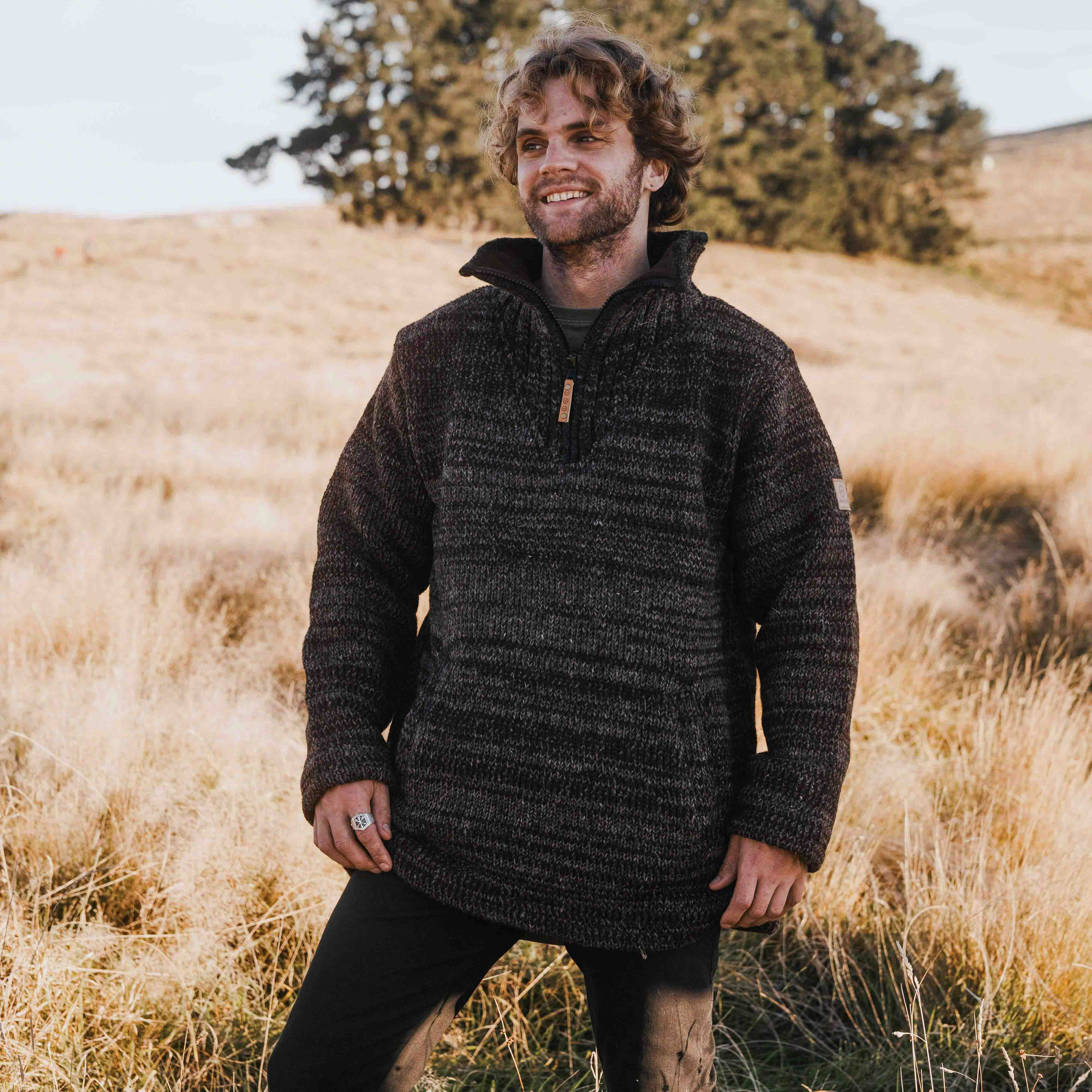 Mens Station Half Zip NZ Wool Jersey - Brown Mix
