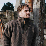 Mens Station Half Zip NZ Wool Jersey -Dark Natural Brown