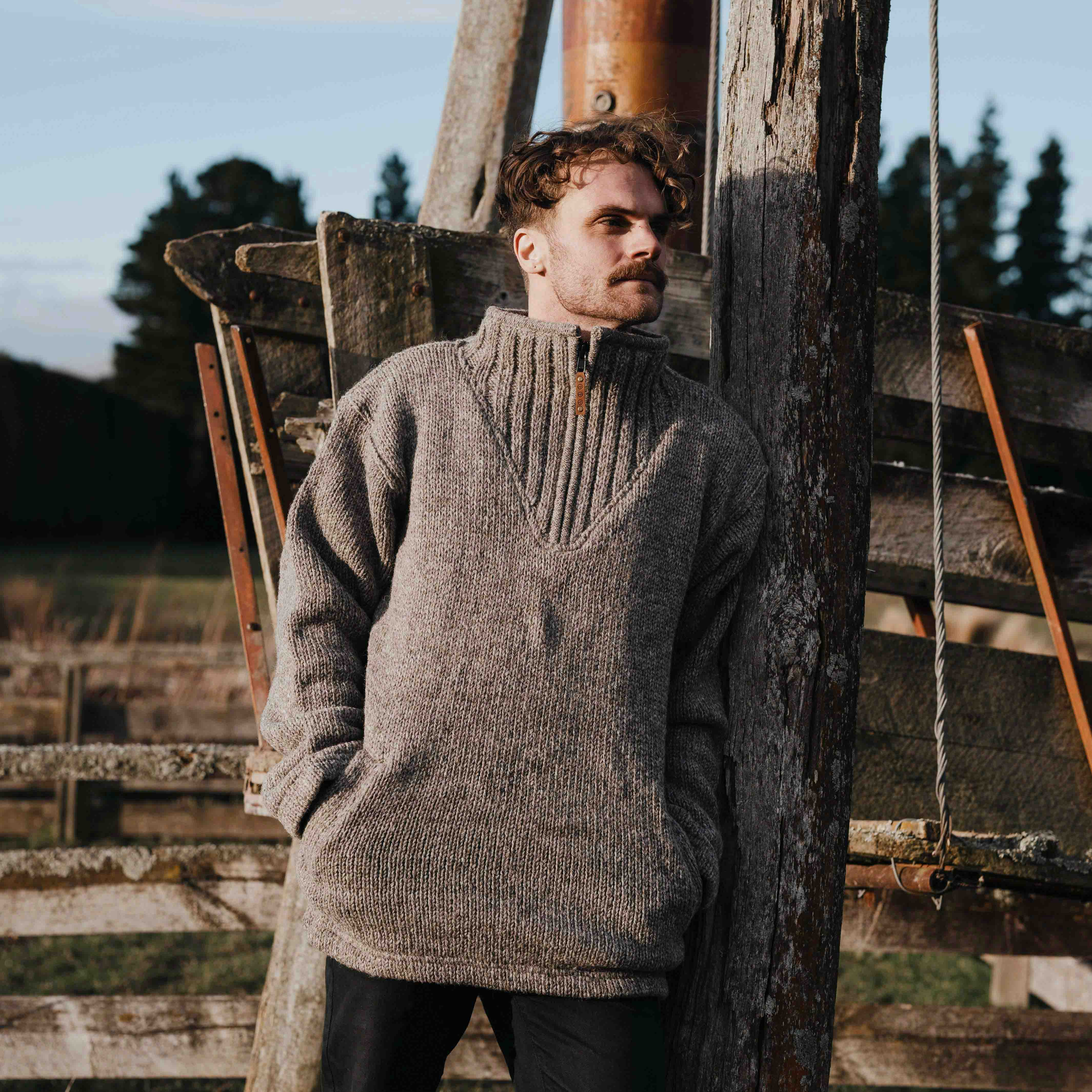 Mens Station Half Zip NZ Wool Jersey - Natural Brown