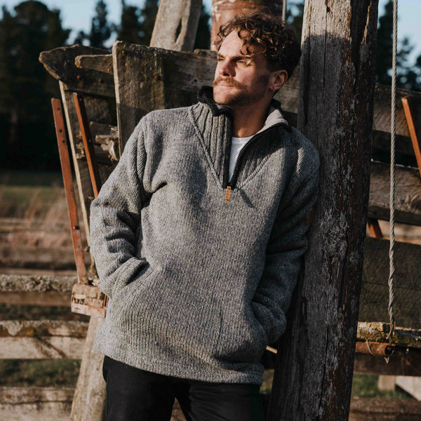 Mens Station Half Zip NZ Wool Jersey - Stone Grey – Mount Kiwi