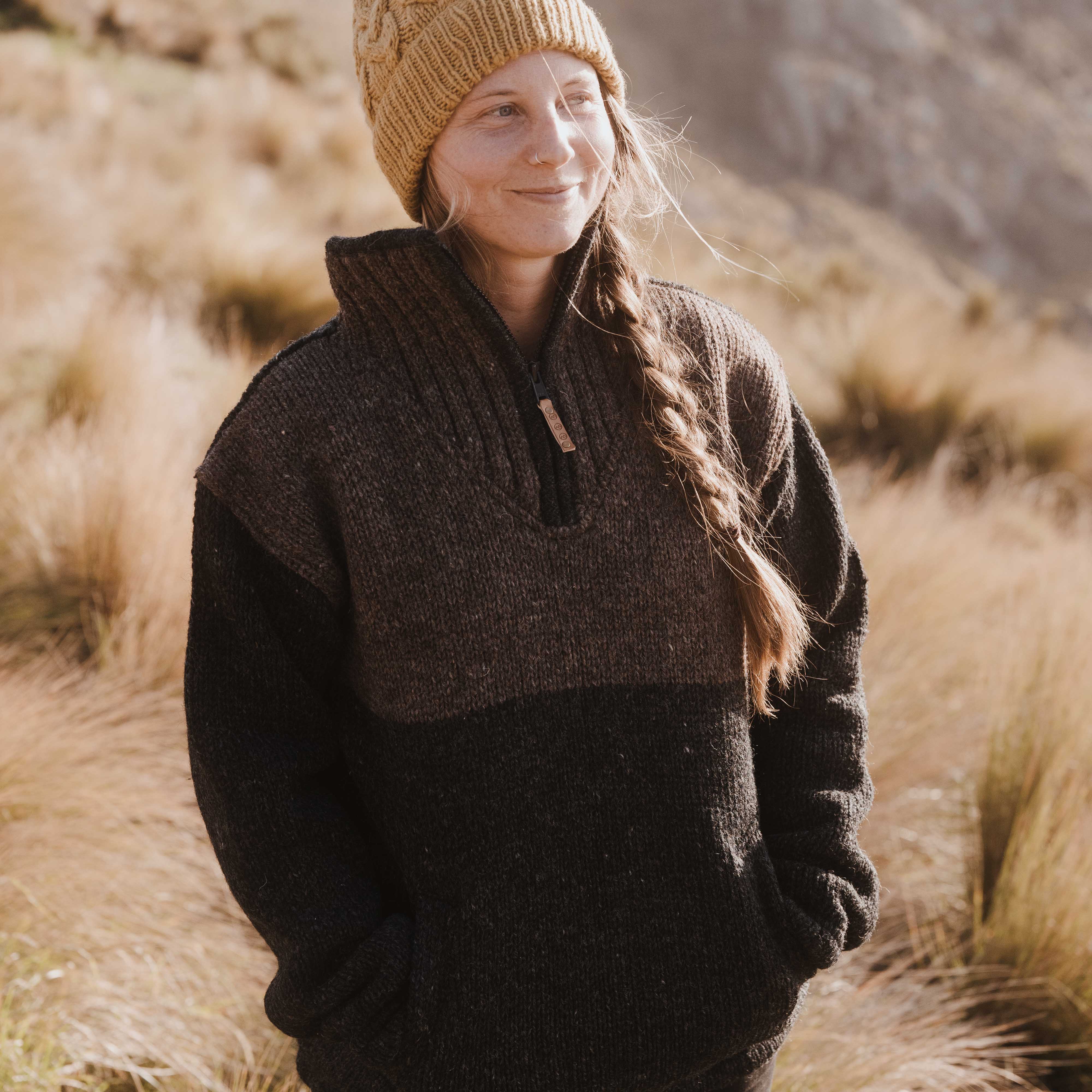Womens Station Half Zip NZ Wool Jersey - Charcoal Brown