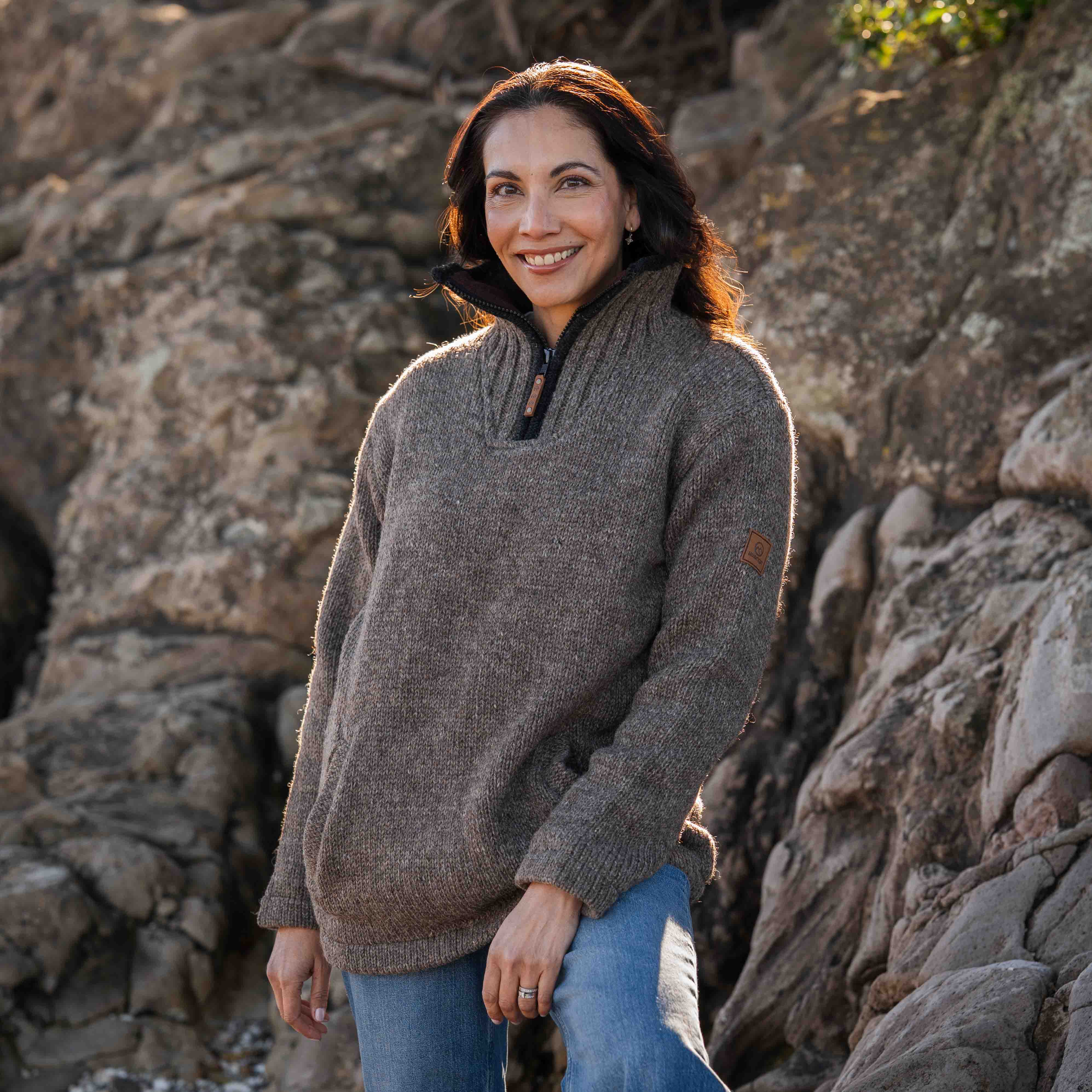 Womens Station Half Zip NZ Wool Jersey - Dark Natural Brown