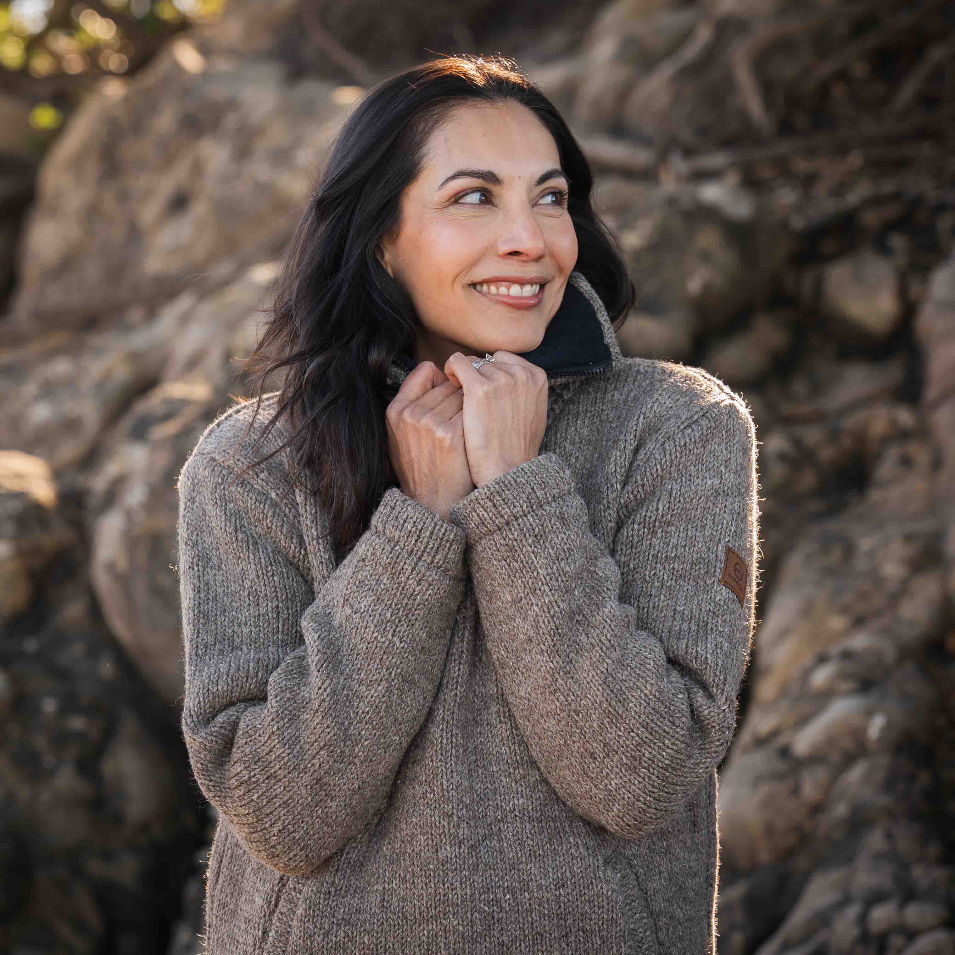 Womens Station Half Zip NZ Wool Jersey - Natural Brown