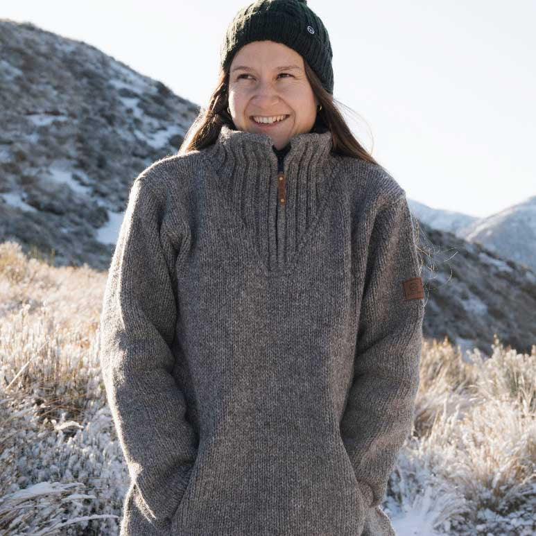 Womens Station Half Zip NZ Wool Jersey - Natural Brown