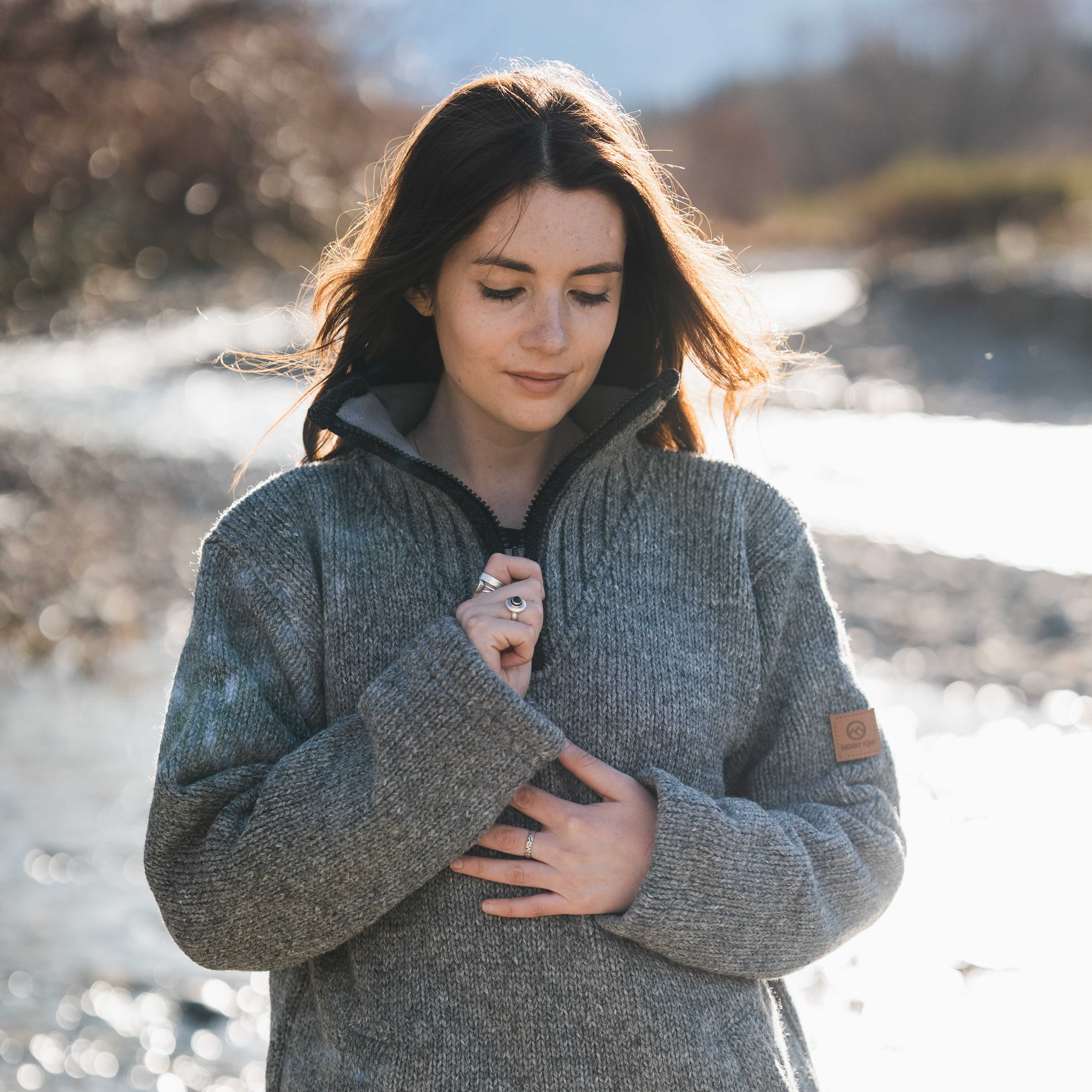Womens Station Half Zip NZ Wool Jersey -Stone Grey